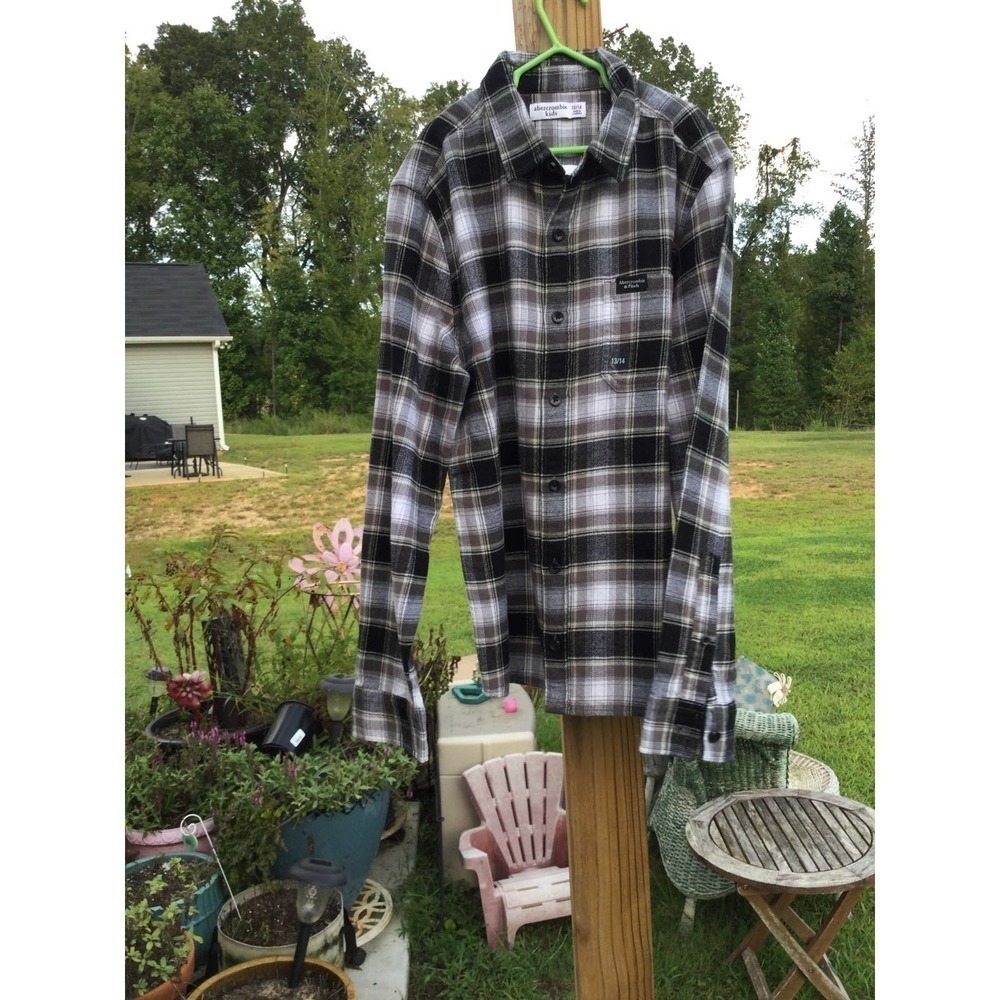 Abercrombie & Fitch kids flannel shirt 13 14 NEW boys black white check plaid